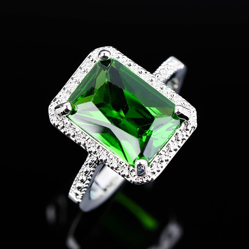 Large Green Stone Bright Ring Square Silver Color Rings Women Anniversary Birthday Party Commitment Jewelry Anillos Mujer F5C146
