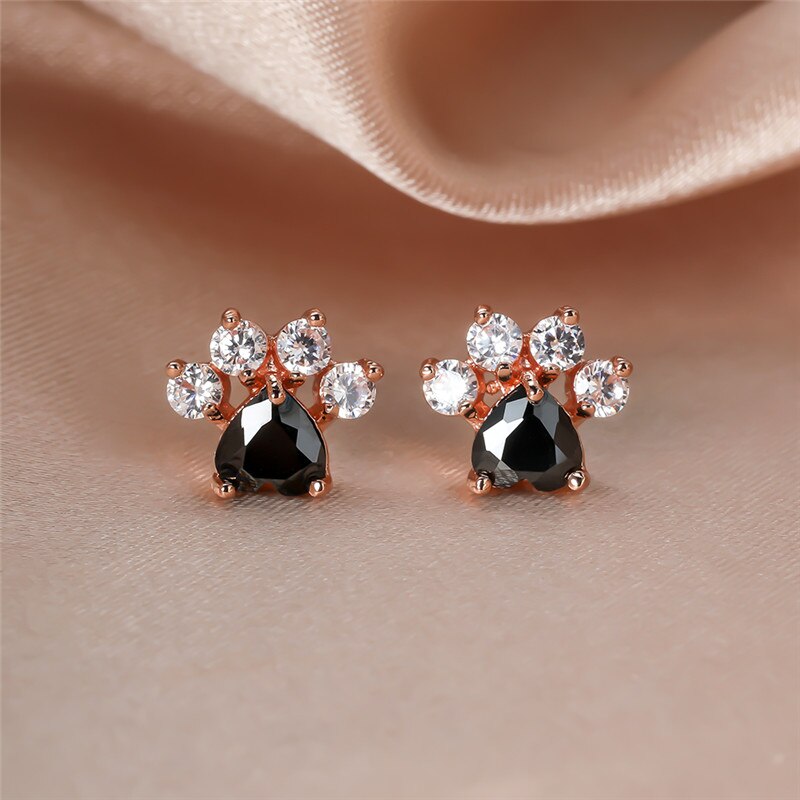 Cute Cat Paw Black Heart Stone Rose Gold Stud Earrings For Women Wedding Jewelry Vintage Fashion Animal Footprint Earrings Gifts