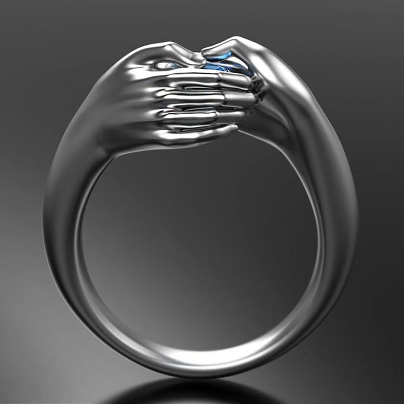 Vinatge Silver Color Wedding Ring Hip Hop Blue Zircon Engagement Ring Punk Male Female Hand Hug Adjustable Rings For Women Men